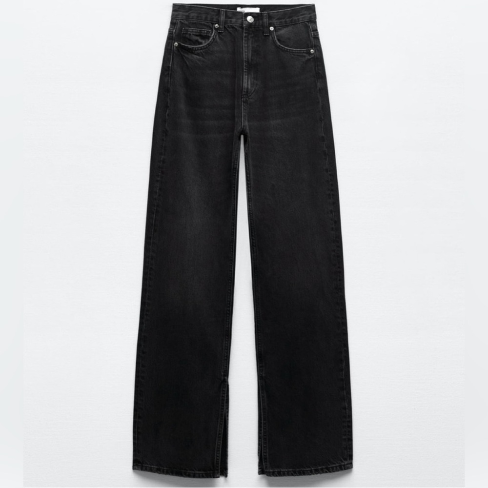 Zara Split Wide Leg TRF Black Jeans | Straight Loose, High Rise, Full Length